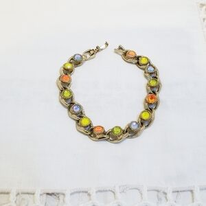 Vintage Sarah Coventry Gold Tone Multicolored Glass Stones Bracelet 7.5"
